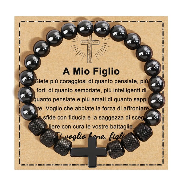 FANCIBAND Geschenk Sohn Armband Herren Kreuz Stein Obsidian Schwarz Elastisch,