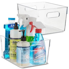 Plastic Food Storage 2 Pack Clear Container Bin with Handles for Organizing Kitchen, Pantry, Refrigerator, Freezer, Pantry, Cabinet, Closet, Bathroom. 10”x7.5”x5.3”