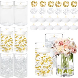 6 Pack Glass Cylinder Vases 12 Pack White Floating Candles 6 Inch Flower Vase for Centerpieces 12 Pcs Pearl String Clear Water Gel Beads for Home Decor