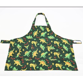 Yaksell 50517 Apron with Storage Bag for Kids, 3-Piece Set, Height 35.4 - 47.2 inches (90 - 120 cm), Triangle Width & Drawstring for Cooking Practice, M, Kyoryu, Green
