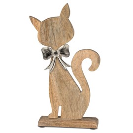 formano Decorative Cat Aluminium Mango Wood Base 31 x 16 cm Decorative Stand Table Decoration Silver Matt Sculpture Modern Home Decoration Flower Figure Gift Idea Living Room Office