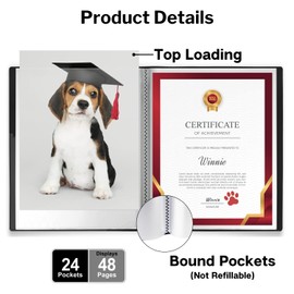 Dunwell 11x14 Binder with Sleeves (Black), 24 Pockets Display 48 Pages, Large Folder with Plastic Sleeves,11x14 Presentation Book with Protector Sleeves, Kids Art Portfolio 14x11,Clear Pages,Vertical
