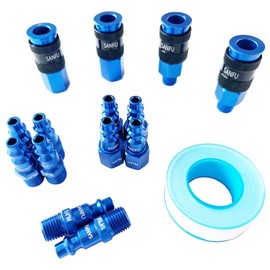 SANFU Air Hose Fittings, Aluminum AMT Universal Air Coupler and I/M Industrial Type Air Plug Kit, 1/4 Inch Threads Size, 1/4 Inch Body Size, 15 Pieces Air Compressor Accessories Fittings Kit(Blue)