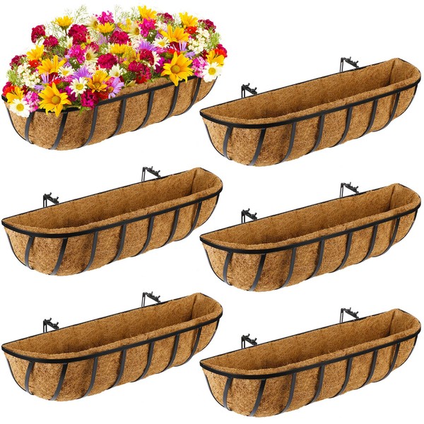 Tessco 6 Pieces 24 Inch Window Baskets with Coconut Liner Window Deck Planters Boxes Railing Planter Metal Black Hanging Flower Planter Window Basket for Indoor Outdoor Lawn