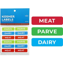 The Dreidel Company Kosher Labels, 8 Blue Dairy, 8 Red Meat, 8 Green Parve Stickers, Ovenproof Upto 500°, Freezable, Microwavable, Dishwasher Safe, English, Color Coded Kitchen Tools (Rectangle)