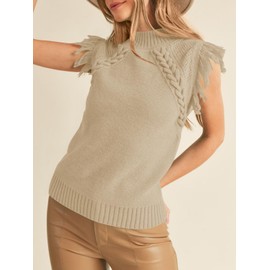 Saodimallsu Womens Sleeveless Sweater Vest Mock Neck Cable Knit Fringe Cap Sleeve Boho Trendy Pullover Tank Tops Khaki