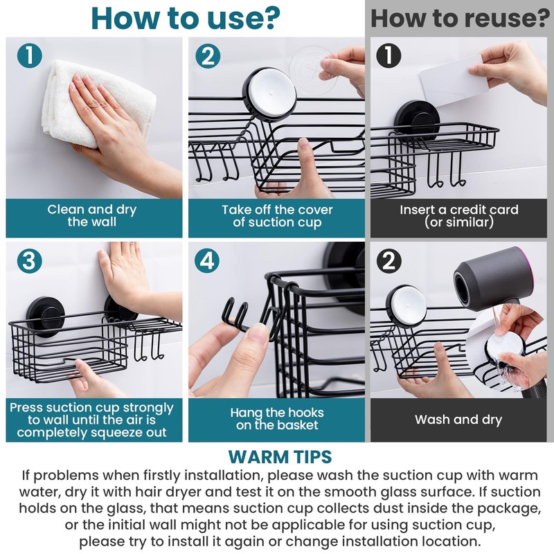 TAILI Shower Caddy Suction Cup with Hooks and Soap holder,