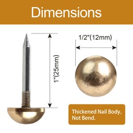 Retro Solid Pure Brass Tacks as Antique Upholstery Nails for Furniture, Decorative Push Pins for Wood,Carpet Tacks,Hardware Nails,Cap Nails,Thumb Tacks，Brass Fasteners(1/2",12mm Gold Color,20 Pcs)