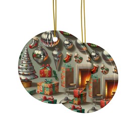 DistinctInk Hanging Ceramic Christmas Tree Ornament with Gold String - Great Gift/Present - 2 3/4 inch Diameter - Vintage Mid-Century Christmas