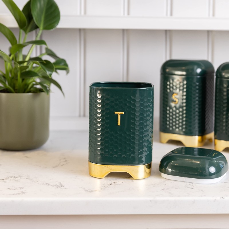 KitchenCraft Tea Storage Caddy with Lid, Hunter Green & Gold,