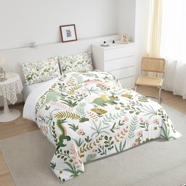 Castle Fairy Cute Dino Kids Comforter Set Queen Size,Kawaii Pink Green Dinosaur Bedding Set for Women Adult,Cartoon Wildlife Floral Leaves Plant Luxury Bed Duvet Insert, 2 Pillowcases