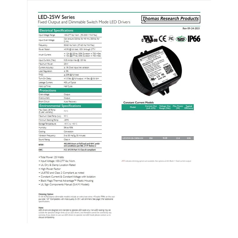 Hubbell Thomas Research Products LED25W-28-C0850-D Constant Current LED Driver, Dimmable,