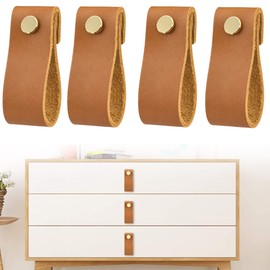 DHER Cabinet Handles for Furniture, Cabinet Leather Handle, 4 Sets Leather Cabinet Handles with Screws, Soft Leather Drawer Handles, Anti-Collision PU Leather Cabinet Handles, Leather Ring Handles