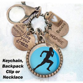 Mens Runner Keychain, Backpack Clip or Necklace, Runner Gift, Running, Live Your Dream, Live With No Regrets, Track and Field, Boys, Teens, Men