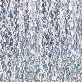 Silver Foil Fringe Tinsel Backdrop Glitter,2P 3.2ft x 6.5ft Wavy Silver Foil Curtain Decoration,Laser Foil Fringe Metallic Tinsel Door Hanging Flow Silk Streamers for Birthday Wedding Holiday Party