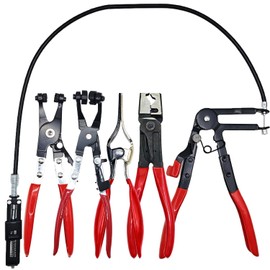 5 Pcs Hose Clamp Pliers Set, Automotive Long Reach Hose Clamp Removal Tool, 27" Flexible Wire Spring, Swivel Jaw Flat Band Plier, Hose Remover, Clic-R Collar Plier for Fuel Oil Water Hose