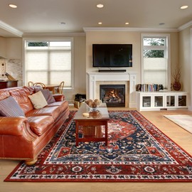 YJ.GWL Soft Large Area Rug 5x7, Boho Vintage Washable Living Room Bedroom Rug, Non-Slip Accent Rugs for Dining Room Office Indoor Home Decor, Low-Pile Colorful Print Rug Floor Carpet, Red