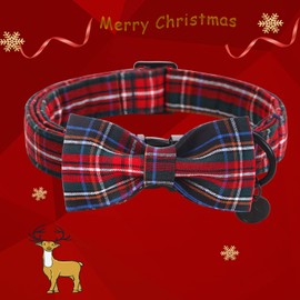 DOGWONG Red Dog Collar with Bow Tie - Red Checked Comfortable Cotton Christmas Dog Collar with Removable Bow Tie for Small Large Medium Dog