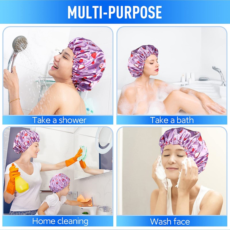 Shower Caps for Women Reusable Waterproof, Adjustable Double Layer Shower