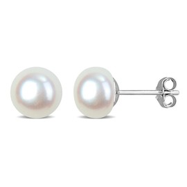 Abbie+Cleo Cultured freshwater white pearl stud earrings - Pendientes de Perlas - womens pearl earrings - 925 sterling silver earrings studs - butterfly clasp (Silver - Button - 8mm)