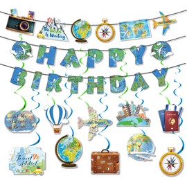 Travel Happy Birthday Banner Travel Themed Hanging Swirl Decorations Let The Adventure Begin Bon Voyage for Travel Themed Birthday Baby Shower Graduation Retirement Job Farewell Party Decor Supplies