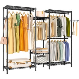 Exglobol Adjustable Wire Shelves Heavy Duty Carbon Steel Garment Rack for Hanging Clothes (Black, B3: 5 Tiers with 4 Rods,72.4" L x 15.7" W x 76.8" H)