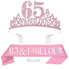 Hapdoo Pink 65th Birthday Decoraions for Women, 65th Birthday Sash and Crown Happy 65 and Fabulous Tiara and Sash Set Party Decorations