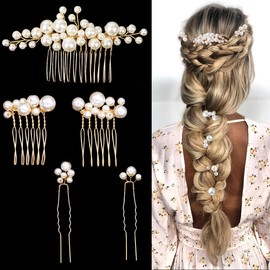 5 Pieces Gold Wedding Bridal Hair Combs Headpiece Pearl Hair Pins Clips Vintage Hair Jewelry for Brides Bridesmaids Flower Girls Hair Accessories(Chic)