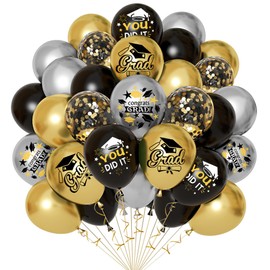 Graduation Balloons, 12 Inches Congrat Grad Decorations, Black Glod Silver Balloons Confetti Black Gold Balloons for Graduation Party Class OF 2025 Supply