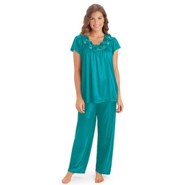 Collections Etc Women's Rose Trim Short Sleeve Pajama Set Misses Teal Xx-Large, Teal, Xx-Large