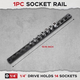 Reniteco 1/4-Inch Drive Magnetic Socket Organizer, Heavy Duty Aluminum Socket Rail Organizer, 360° Swivel Clips Socket Holder Kit for Tool Box, 1/4-Inch Socket Holder x 14 Clips (Black)