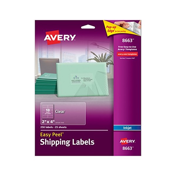 Avery Printable Shipping Labels with Sure Feed, 2" x 4", Matte Clear, 250 Blank Mailing Labels (8663)
