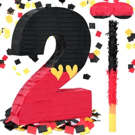 RoundFunny Number 2 Piñata Black Red Piñata First Birthday Party Supplies for Celebration for Boys Girls Fun Yellow Heart Black and Red Themed Party Decor 14.9 X 11 X 2.8 Inches