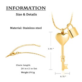 constantlife Heart Key and Lock 2PCS Cremation Necklace Stainless Steel Urn Jewelry for Human/Pet Ashes Memorial Customize Pendant Keepsake for Women & Men (Golden)