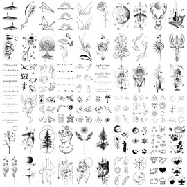 Yazhiji 60 Sheets Temporary Tattoos for Women Adult, 170 Mixed Styles Minimalism Fake Tattoos Lines Flowers Moon Stars Constellations Music Words Tattoo Sticker for Kids Girl Body Art Sticker