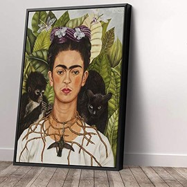 Frida Kahlo Con Amigos - Tea Cup & Birds Jungle & Frida Kahlo Canvas Art Wall Art Home Decor (12in x 18in Modern Black Framed, Frida Kahlo)