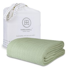 Threadmill Luxury Cotton Blankets for Twin Size Bed | All-Season 100% Cotton Twin Blanket for Bed | Herringbone Soft & Cozy Fall Thermal Blanket, 350GSM, 68x92 inches | Sage Green