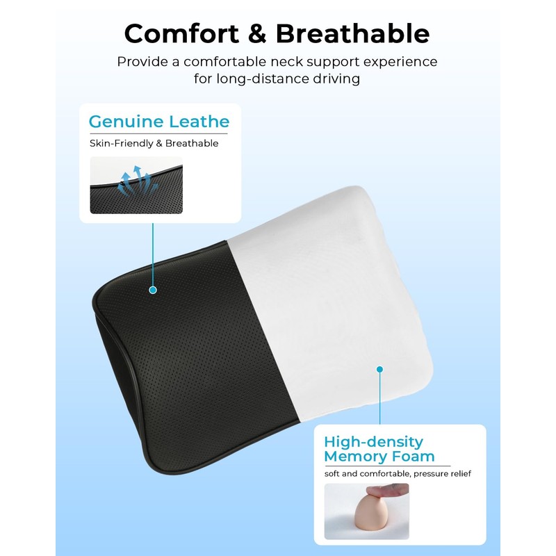 Aukee Car Headrest Pillow with Genuine Leather Cover Memory Foam