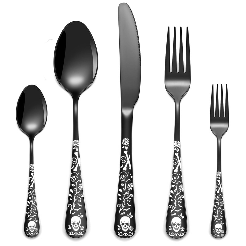 40-Piece Black Skull Silverware Set for 8, Flatware Set Stainless