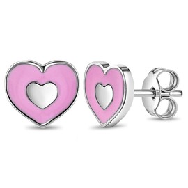 925 Sterling Silver Small Pink Enamel Heart Push Back Earrings For Little Girls - Adorable Heart-Shaped Butterfly Back Earrings For Young Girls - Pretty in Pink Heart Earrings for Girls