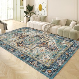 Yancorp 5'x7' Boho Area Rug for Bedroom Non Slip Washable Rug Vintage Carpet Living Room Floor Mats Big Area Rug for Dining Table Lake Blue