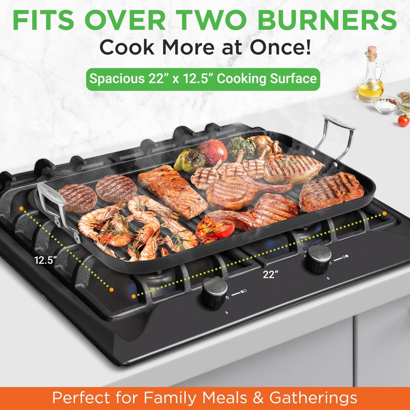 NutriChef 20"x13" Stove Top Grill Pan - Double Burner, Hard-Anodized