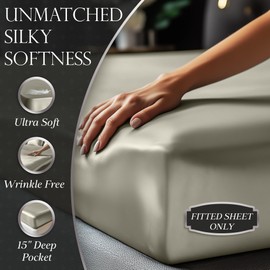DECOLURE Satin Fitted Sheet Full Size (1 PC) – Luxuriously Smooth & Softer Than Silk Bed Sheets w/ 15 Inch Deep Pocket Hypoallergenic Wrinkle Free, Secure Snug Fit, Elastic Corner Straps (Ivory)