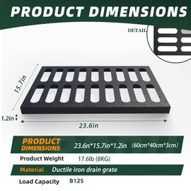 Cast Iron Drain Grate, 23.6in*15.7in Outdoor Drain Cover, Heavy Duty B125 Class Channel Grate, Black Rectangle Drainage Grate, Metal Sewer Grate for Concrete Floor, Yard, Driveway & Garage.