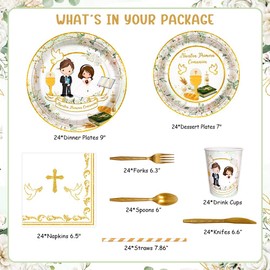 AIBIIN 192Pcs Nuestra Primera Comunión Decorations for Siblings, Green and Gold Plates Napkins Set Serves 24 Guests Baptism Mi Bautizo God Bless Party Supplies