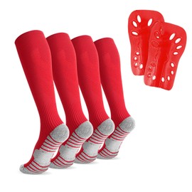 Linkidea Kids Soccer Socks with Shin Guards, 2 Pairs Breathable Knee High Socks with Lightweight Shin Pads, Long Sleeve Cushion Socks for Child 4-6 Years Over The Calf Soccer Socks (Red, S)