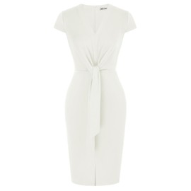 GRACE KARIN Modest Cap Sleeve Midi Dresses for Women Classy V-Neck Bodycon Dresses for Work Elegant Tie Waist Business Dresses Semi Formal White S