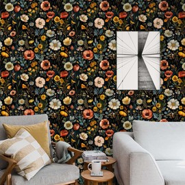 Black Background Wallpaper with Red/White/Yellow Small Flowers,17.71" x 118.1" Peel and Stick Floral Wall Paper Dark Colored Waterproof Vinyl Kitchen Contact Paper for Cabinet Bedroom Living Room