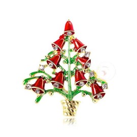 Red Jingle Bell Tree Brooch Pin for Women Girls Men Gold Plated Fashion Rhinestone Shell Pearl Green Christmas Festival Ornament Brooches Lapel Pins Cute Xmas Party Holiday Dress Accessories Jewelry Gift Souvenir
