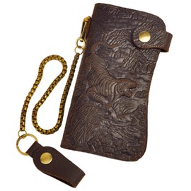 Le'aokuu Mens Genuine Leather Bifold Wallet Organizer Checkbook Iron Chain W1088 (W1088 Tiger Dark Brown)